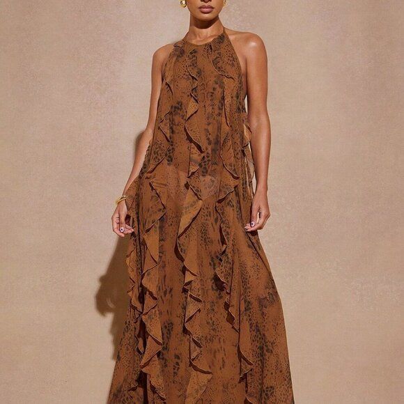 Mocha Brown Casual Women's Maxi Dress Halter Neck Sleeveless Ruffled Party Dress - Picture 5 of 5